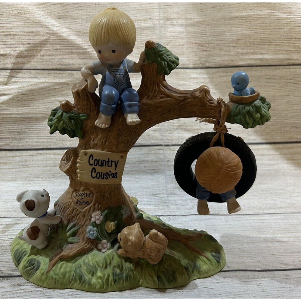 Vintage Enesco Country Cousins Katie & Scooter Playing in Tree Tire Swing Pets